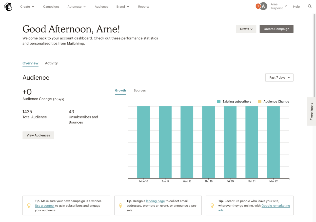 Screenshot van het dashboard van Mailchimp.